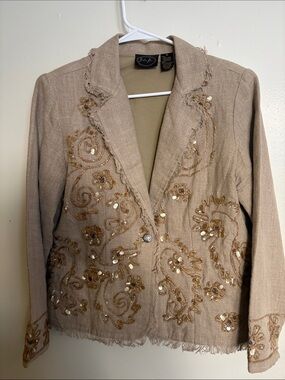 Beaded Embroidered Tan Linen-Blend Blazer